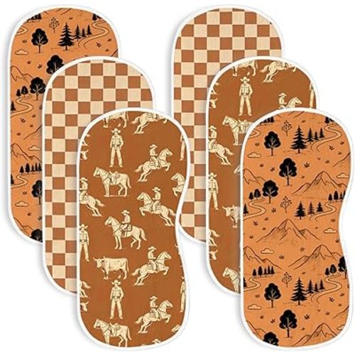 6 Pack（3×2） Western Baby Burp Cloths, Contoured Burp Rags with Vintage Cowboy & Boho Checkerboard Print, Ultra Absorbent Soft Shoulder Pads Newborn Registry Gift for Boys
