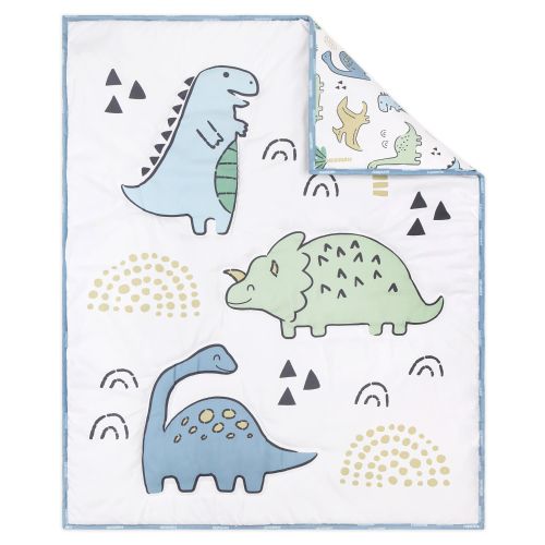 The Peanutshell Blue Dino 5 Piece Crib Bedding Set for Baby Boys, Nursery Set with Blanket