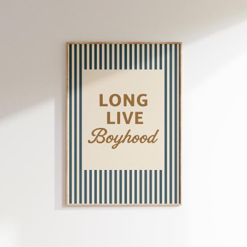 Long Live Boyhood Print, Boys Room Wall Art, Striped Typography Print, Modern Nursery Decor, Digital Download, Playroom Art, Boy Quote Print