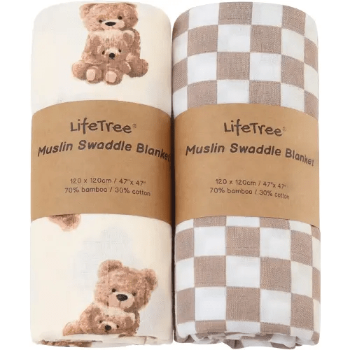 LifeTree Muslin Swaddle Blankets, Baby Swaddling Wrap Nursery Blanket Unisex, Soft 70% Viscose from Bamboo and 30% Cotton, Large 47 x 47 inches, Bear & Checkered Swaddle Blanket