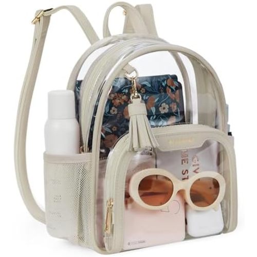 Missnine Clear Backpack Stadium Approved, Thick PVC Mini Clear Bag with Leather Trim for Sports Event, Concert, Festival, Khaki