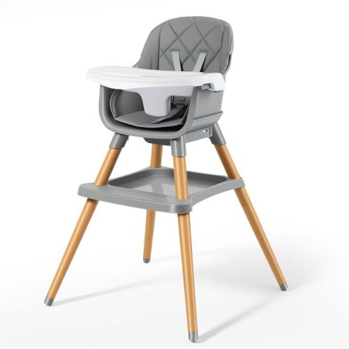 TODECARE High Chair, 7 in 1 Convertible Wooden Highchair for Babies & Toddlers with Adjustable Legs, Double Removable Tray, Safety Harness, Grey
