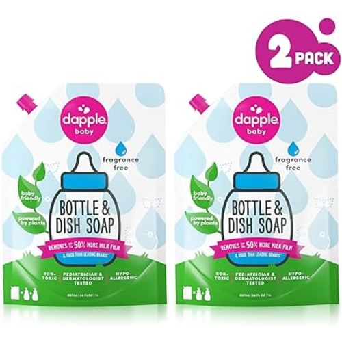 Dapple Baby, Bottle and Dish Liquid Refill Dish Soap Plant Based Hypoallergenic, Fragrance Free, 34 Fl Oz (Pack of 2)