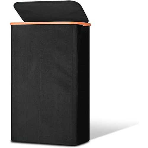 Slim Laundry Basket with Lid, Narrow Dirty Clothes Hampers for Laundry with ABS Handle, Skinny Laundry Bin for Laundry Room, Dorm, Bedroom and Bathroom, 19.8 Gallon (75L) Black