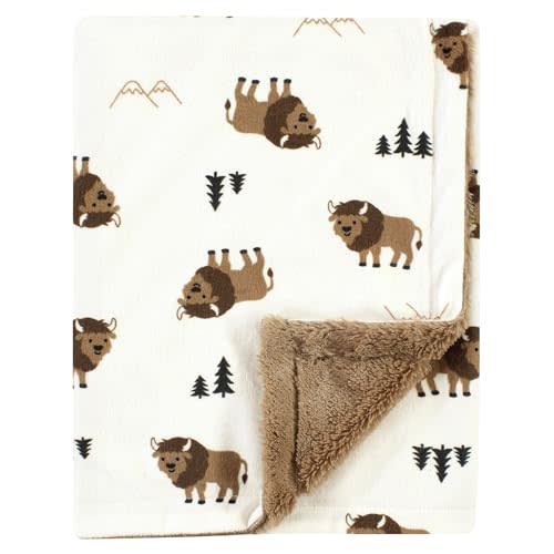 Hudson Baby Unisex Baby Plush Blanket with Furry Binding and Back, Wild Buffalo, One Size