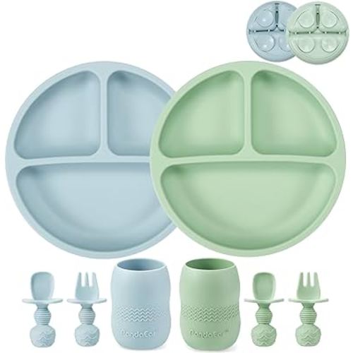 PandaEar Silicone Baby Feeding Set| 2 Pack Silicone Divided Suction Plate and 2 Pack Tiny Cup with 2 Spoons 2 Forks| Baby Led Weaning Supplies Self Feeding Eating Utensils (Blue/Green)