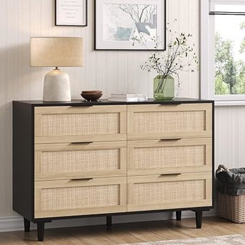 Angel Sar Rattan Dresser for Bedroom, 6 Drawer Wide Dresser, Boho&Farmhouse Chest of Drawers, 43" Clothes Storage Cabinet, Metal Handle&Wood Legs for Hallway, Living Room, Bedroom, Black
