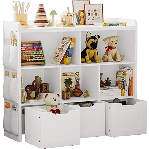 IRONCK Toy Storage Organizer with 3 Movable Drawers, Multifunctional Floor Storage Cabinet Toy Chest with 5 Storage Cubbies, Bookcase for Bedroom and Playroom, White