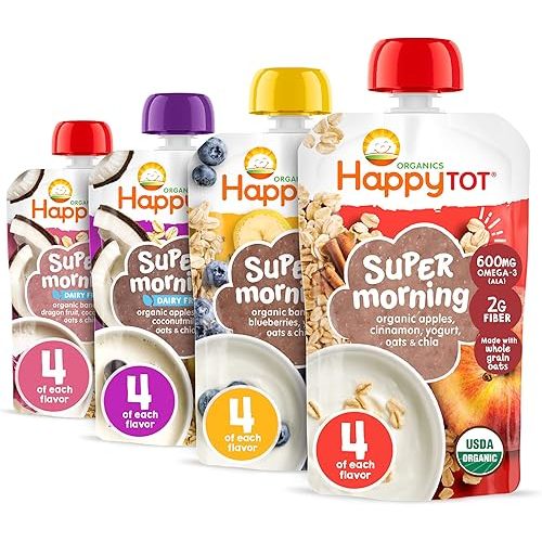 HAPPYTOT Organics Stage 4 Baby Food Pouches, Gluten Free, Super Morning Fruit & Oat Variety Pack Blend 4 Oz (Pack of 16), Amazon Exclusive