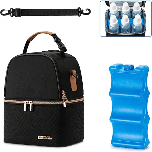 Breastmilk Cooler Bag with Ice Pack Fits 6 Baby Bottles up to 9 Ounce, Breast Milk Pump Cooler Bag with Shoulder Strap for Nursing Mom Daycare, Work, Travel- Black