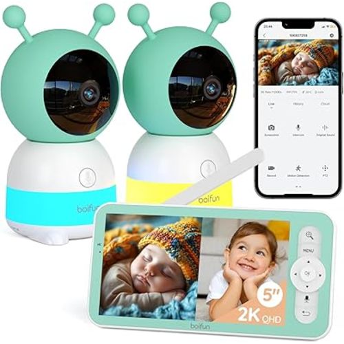 Boifun 2K Wifi Baby Monitor with 2 Cameras, Soothing Night Light, APP & 5" Split-screen Control, Motion/Cries/Noise/Customizable Alarm Zones Detect, Auto Tracking, PTZ, Humidity&Temperature Monitoring