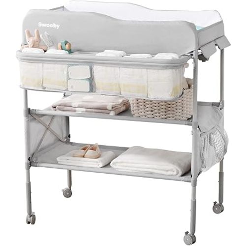Sweeby Portable Baby Changing Table, Foldable Changing Table Dresser Changing Station for Infant, Waterproof Diaper Changing Table Pad Topper, Mobile Nursery Organizer for Newborn Essentials,Haze Grey