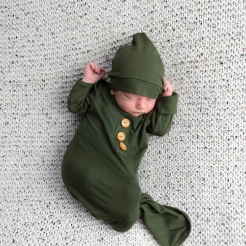 Solid Olive Bamboo Baby Knot Gown & Hat