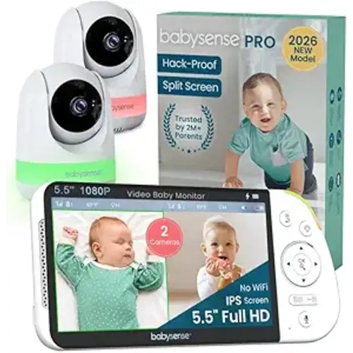 Babysense PRO Full HD 5.5" Split Screen Baby Monitor with 2 Cameras, 6-Color Night Light, White Noise, Sound & Light Machine, 20-Hour Battery, Hack-Proof Non-WiFi Secure Connection