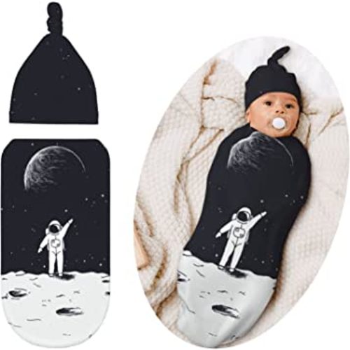 Space Baby Stuff Moon Swaddle Blanket with Hat Set Swaddles Up New Born Soft Transition Receiving Blanket Sleep Sacks for Infant Boys Girls