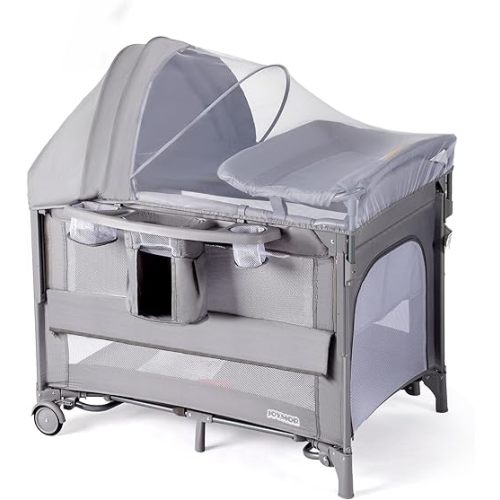 JOYMOR 9 in 1 Bedside Bassinet with Changing Table, Pack and Play with Bassinet, Convert to Rocking Baby Bed with Electric Music Center, Mosquito Net, Toy, Storage, Gray