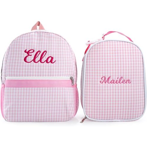 MT WORLD Daycare Backpacks with Lunch Boxes Set,Personalized Checkered Backpacks and Lunchboxes,Travel Daypack with Lunch Bag,Pink Checkered Daypack Lunchbags Set