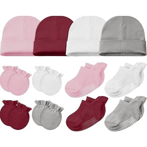 Boyiee 12 Pieces Baby Mittens Newborn Hats and Sock Infant Baby Caps Mittens Set No Slip Ankle Socks