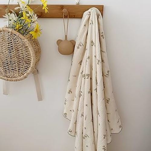 BuLuTu Gray Rabbit Pattern Cotton Muslin Toddler Blanket Large Crib Quilt Soft Breathable Toddler Bed Blankets Baby Boys Girls Swaddle Blankets, All Seasons, 47"x51"