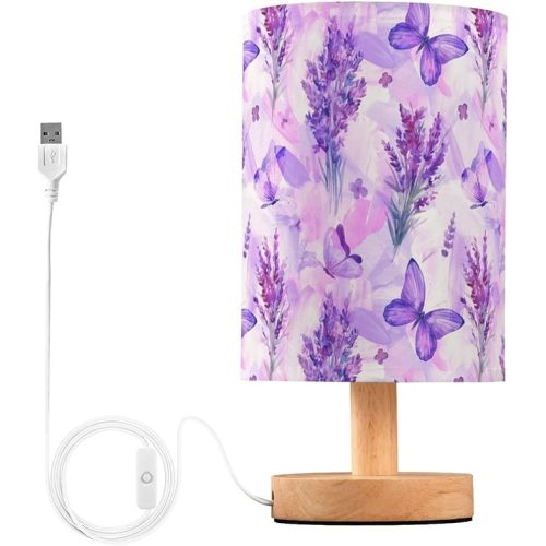 Bedside Lamp Purple Lavender Butterfly Table Lamp for Bedroom LED Nightstand Lamp Shade USB Ports Wood Base for Living Room Dorm Office