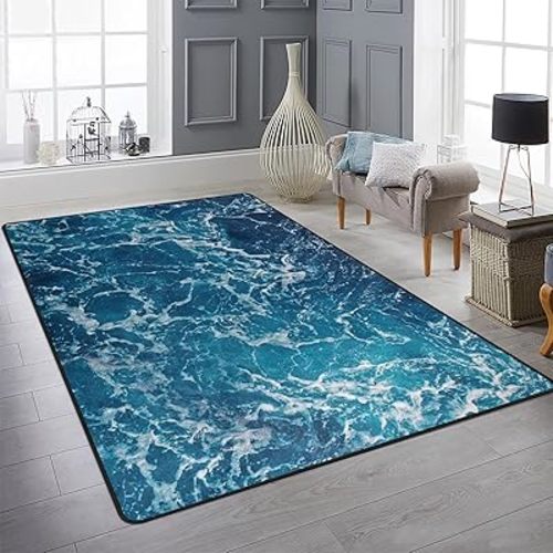 9CH Ocean Beach Area Rug 5'x7', Blue Sea Waves Polyester Area Rugs Non-Slip Carpet Mat for Living Dining Dorm Room Bedroom Home Decorative