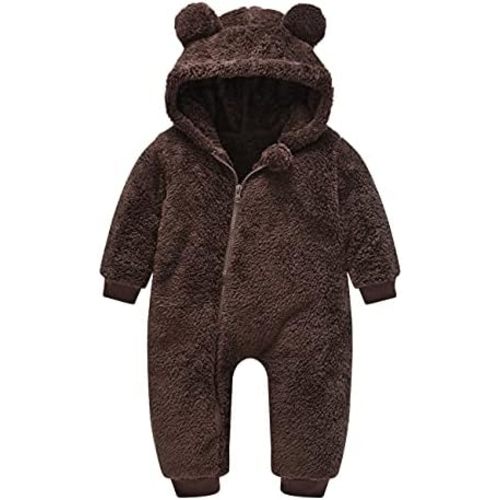 Baby Fleece Jumpsuits Infant Bear Ear Snowsuit Newborn Hooded Romper Warm Coat