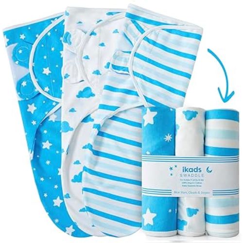 Baby Swaddle 0-3 Months 100% Cotton Swaddles for Newborns - Small/Medium 3-Pack Wearable Baby Wrap Swaddle Blanket with Adjustable Hooks & Loop - Easy to Use Sleep Sack (Blue)