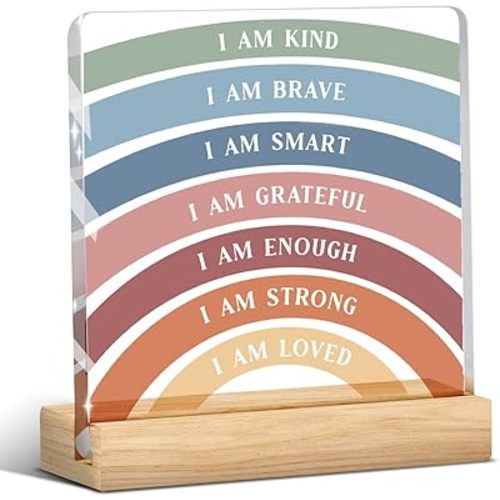 Inspirational Nursery Decor, Affirmations for Kids Gifts, I am Kind Loved Brave Enough Acrylic Sign with Wooden Stand for Home Bedroom Offices Desk Decoration - Rainbow Affirmations