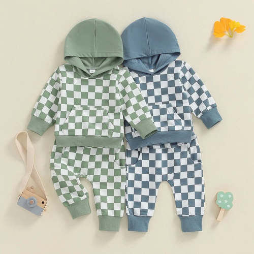 Baby Toddler Boys 2Pcs Fall Outfit Checkered Print Hooded Long Sleeve Top and Long Pants Clothes Outfit Set