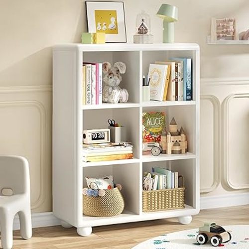 Kids Bookshelf, Large Wooden Bookcase with 6 Cube Storage, Girl Toy Storage Organizer Cabinet with Child Safe Paint&Thick Board, Boy Tall Book Shelves Nook for Office Playroom Living Room (White)