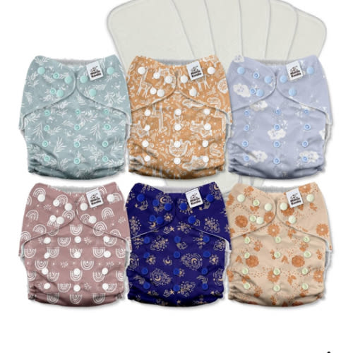 Mama Koala 3.0 Pocket Cloth Diapers for Babies with AWJ Lining, 6 Pack with 6 5-Layer Natural Cloth Diaper Inserts - Reusable and Washable Pocket Diapers(A-Cabin Vibes)