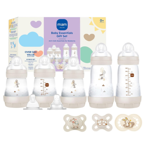 MAM Newborn Essentials Matte Feeding Set with Easy Start Anti-Colic Bottles 5oz, Self-Sterilizing, 0-3 Months Pacifiers and Skinsoft Silicone Nipples, Baby Gift, 10 Pieces