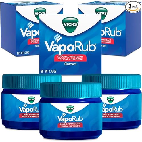 Vicks VapoRub, Original, Cough Suppressant, Topical Chest Rub & Analgesic Ointment, Medicated Vicks Vapors, Relief from Cough Due to Cold, Aches & Pains, 1.76oz each (pack of 3)