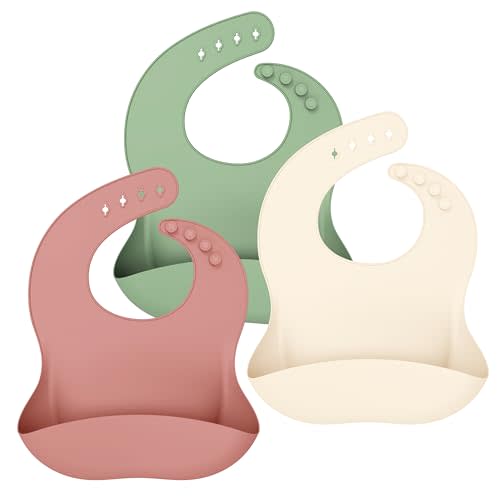 Cuddle Campus Set of 3 Silicone Bibs for Babies & Toddlers,Soft Adjustable Bibs with Pocket Food Catcher for Baby Girl,Boy