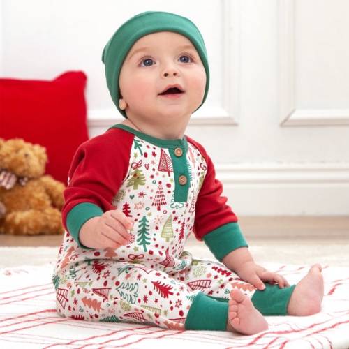 Baby Christmas Henley Romper Bamboo Blend Fabric With Cotton Trim Hand-drawn Xmas Tree Print Baby Boy or Girl - Etsy