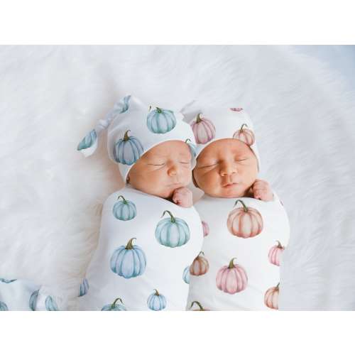 BLUE PINK Twin Pumpkin Swaddle Girl Baby Boy Coming Home Outfit Fall Gender Reveal Present It’s A Boy Girl Twins Baby Shower Gift