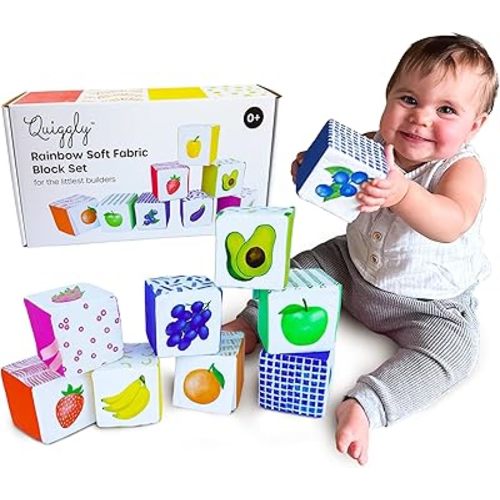 Quiggly Rainbow Soft Baby Blocks - 8 Colorful, Montessori Sensory Blocks for Babies & Toddlers- 100% Cotton, Non-Toxic Play Set with Rattle, Crinkle, Textures- Stacking Building Blocks for 3-12 Months