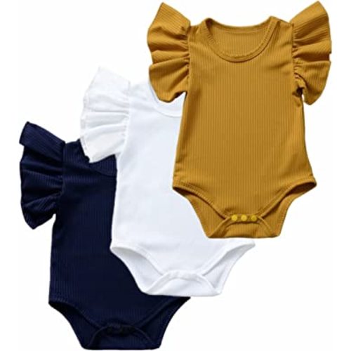 Baby Girls' Short-Sleeve Bodysuit Funny Ruffles Flower Jumpsuit Outfit for Infant Toddlers 3-Pack
