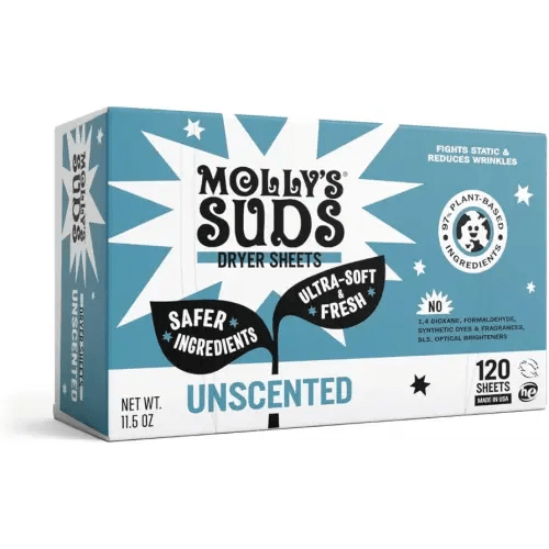 Molly's Suds Fabric Softener Dryer Sheets for Sensitive Skin | Plant-Based Static Reducer, Plastic-Free Packaging | Unscented (120 Sheets)