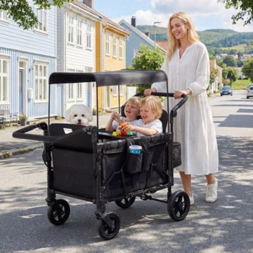 4 Seater All-Terrain Wagon Stroller - Premium Wagon for Kids with Safety Harness, Snack Tray, Removable Canopy, Swivel & Fixed Wheels