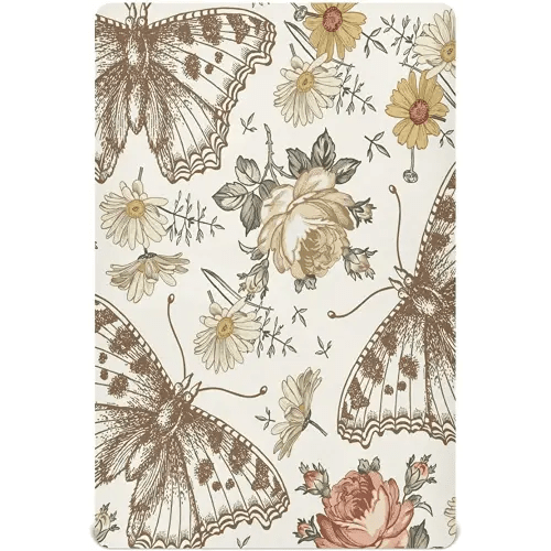 Kigai Vintage Butterfly Crib Sheets for Boys Girls Jersey Knit Fitted Crib Sheet Baby Crib Sheet for Standard Crib and Toddler Bed Mattresses, Cozy Soft Breathable, 28 x 52 inch