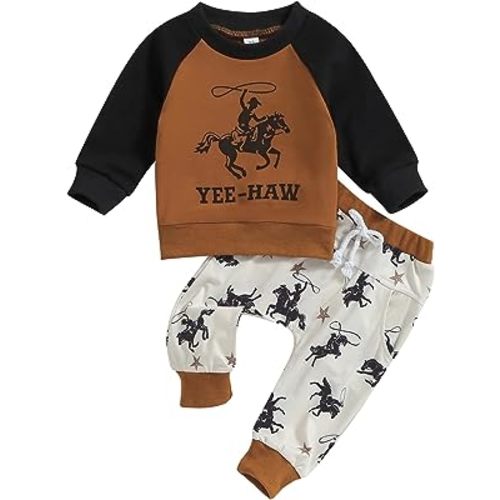 SAYOO Western Baby Boy Clothes Cow Print Sweatshirt Pullover Top Jogger Pants 2Pcs Toddler Boy Cowboy Fall Winter Outfits