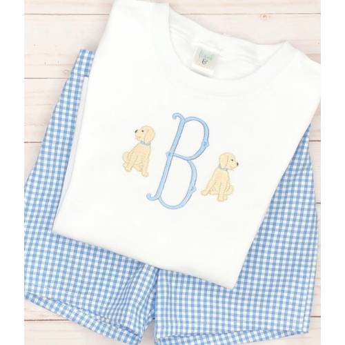 Little boy toddler puppy dog monogram fishtail initial shirt, bodysuit, yellow lab embroidery t-shirt, personalized