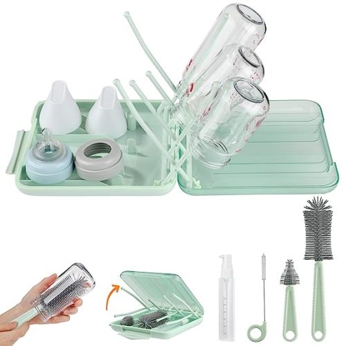 Travel Bottle Brush Set -Baby Travel Essential-6 in 1 Bottle Cleaner Kit with Silicone Bottle Brush,Nipple Cleaner Brush,Straw Brush,Soap Dispenser,Storage Box,Bottle Drying Rack for Home and Travel(Green)