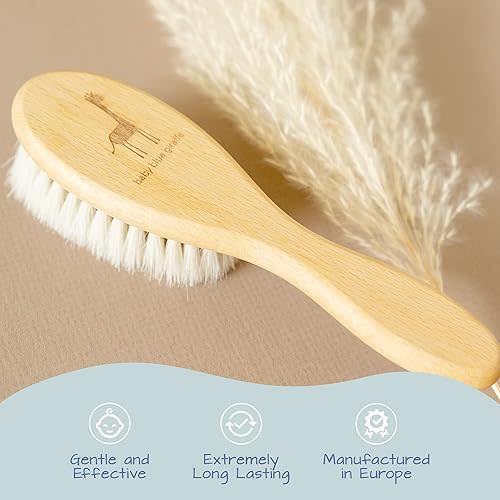 Super Soft Baby Hair Brush, Grooming Kit Must-Have, Baby Essentials, Ideal Gift for Baby Shower, All Natural Goat Hair and Beech Wood - Baby Blue Giraffe
