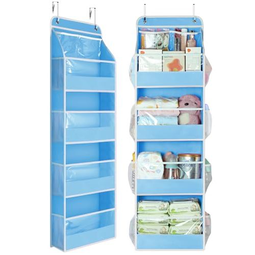 Yecaye 5 Tier Over the Door Organizer, Stuffed Animal Storage with Clear PVC Windows, Pink Room Decor for Dorm Essentials Bedroom Nursery Closet Laundry Pantry Bathroom, Soft Sky Blue
