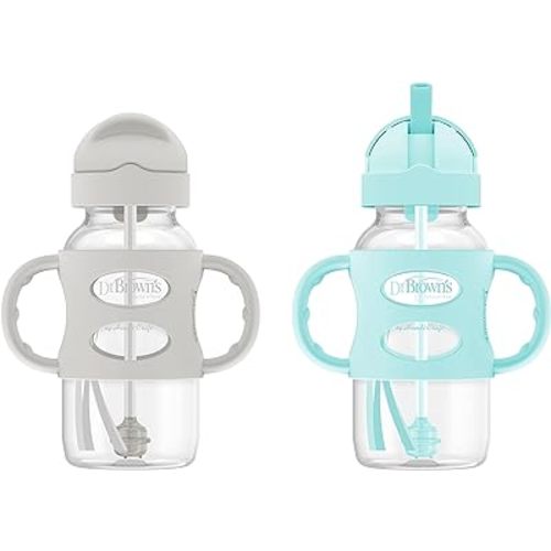 Dr. Brown's Milestones Wide-Neck Sippy Straw Bottle with 100% Silicone Handles and Weighted Straw, 9 oz/270 mL, Gray & Green, 6m+