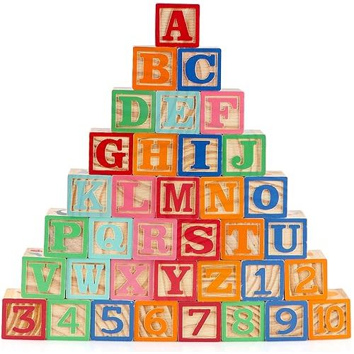 Wooden ABC Toy Building Blocks for Toddlers 1-3 36 PCS Wood Alphabet Number Blocks for Stacking Learning Preschool Educational Montessori Sensory Toys for Kids Boys Girls Gifts 1.7"