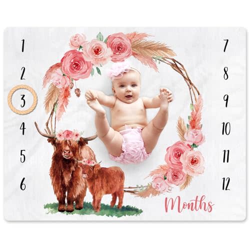 Gicoherero Highland Cow Baby Monthly Milestone Blanket Floral Scotland Photo Prop Blanket with New to The Herd Cattle Nursery Stuff Gift Ideas for Girl Newborn Nursery Décor Baby Gift 40" X 50