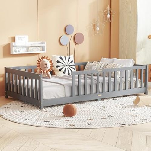 Bellemave Twin Floor Bed with Slats and Guardrails, Wood Montessori Floor Beds with Fence, Easy Assemble Floor Bed for Kids, Girls, Boys, Gary